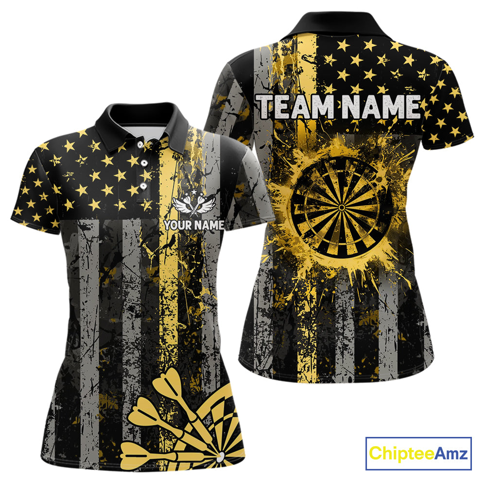 Custom Gold Grunge US Flag Patriotic Darts Shirt For Women, Retro Darts Board Darts Team Jerseys TDM3972