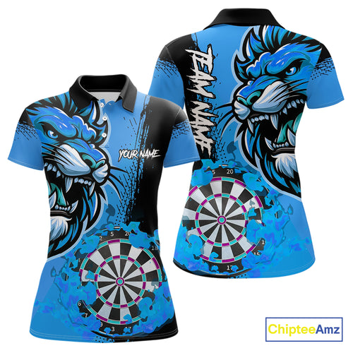 Blue Funny Darts Flame Lion Custom Polo & Quarter-Zip, Personalized Women Dart Shirts Dart Jerseys TDM3974