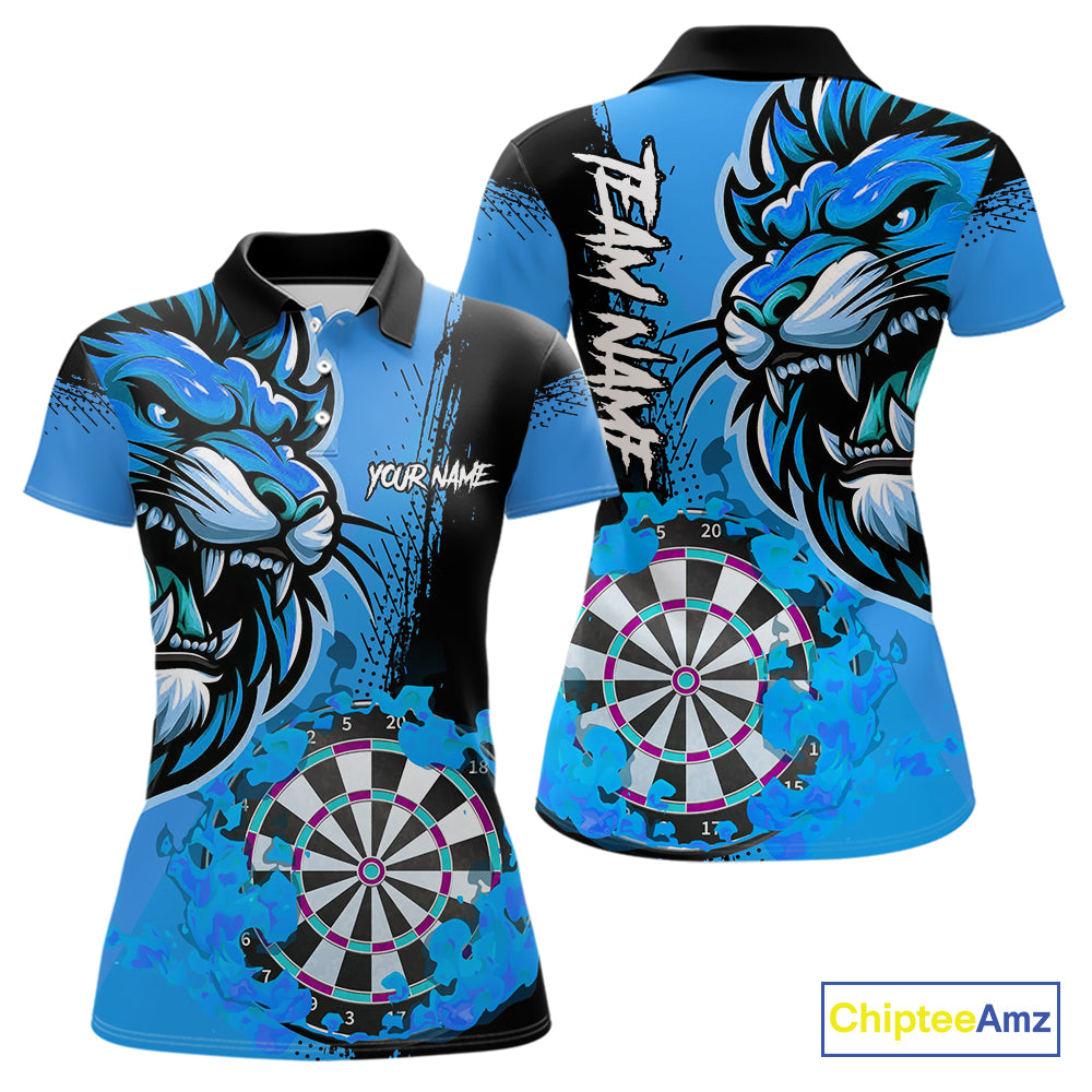 Blue Funny Darts Flame Lion Custom Polo & Quarter-Zip, Personalized Women Dart Shirts Dart Jerseys TDM3974