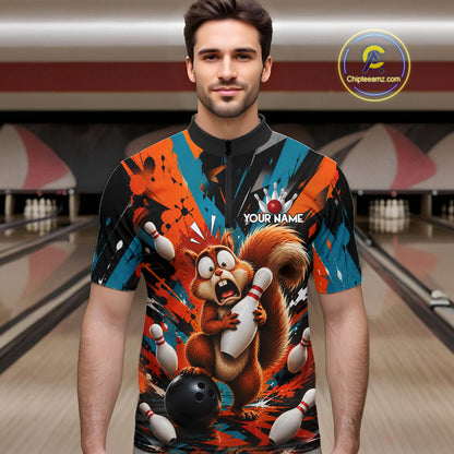 Colorful Graffiti Funny Squirrel Bowling Polo, 1/4 Zip Shirts For Men Custom Bowling Team Jersey TDM6489