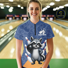 Load image into Gallery viewer, Funny Raccoon Navy Blue Bowling Polo &amp; Quarter Zip Shirts For Women Custom Bowling Team Jersey TDM6490