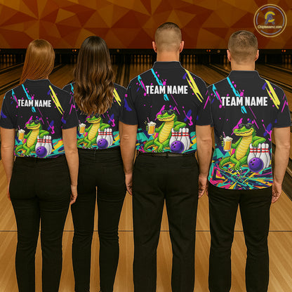 Colorful Bowling Jersey Funny Alligator Bowling Polo & 1/4 Zip For Men Custom Bowling Team Shirts TDM6491