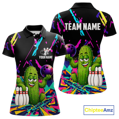 Colorful Bowling Jersey Funny Cactus Bowling Polo & 1/4 Zip For Women Custom Bowling Team Shirts TDM6492