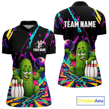 Colorful Bowling Jersey Funny Cactus Bowling Polo & 1/4 Zip For Women Custom Bowling Team Shirts TDM6492