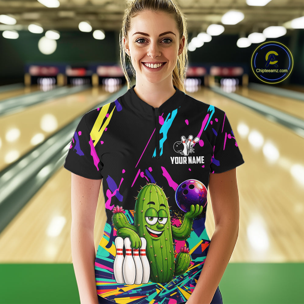 Colorful Bowling Jersey Funny Cactus Bowling Polo & 1/4 Zip For Women Custom Bowling Team Shirts TDM6492