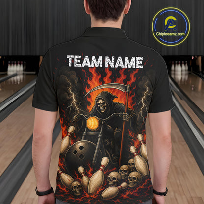 Funny Grim Reaper Motorcycle Bowling Shirts For Men Custom Orange Flame Bowling Team Jersey TDM7214