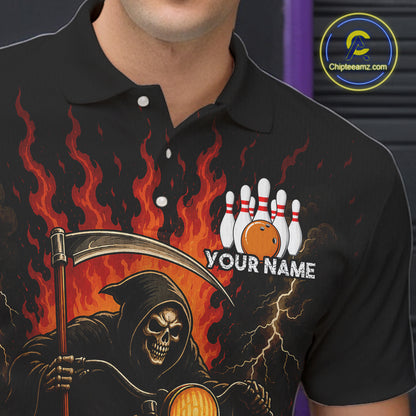 Funny Grim Reaper Motorcycle Bowling Shirts For Men Custom Orange Flame Bowling Team Jersey TDM7214