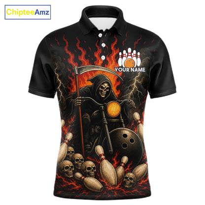 Funny Grim Reaper Motorcycle Bowling Shirts For Men Custom Orange Flame Bowling Team Jersey TDM7214