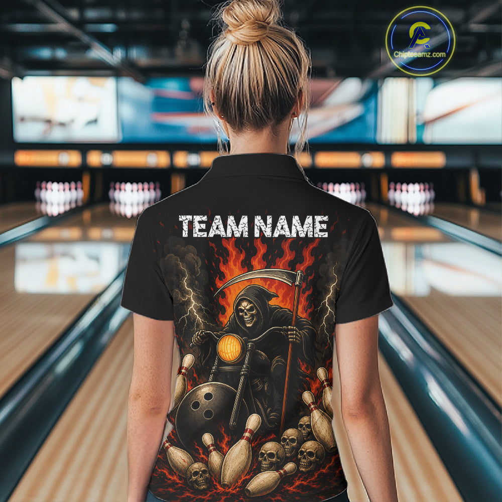 Funny Grim Reaper Motorcycle Bowling Shirts For Women Custom Orange Flame Bowling Team Jersey TDM7214