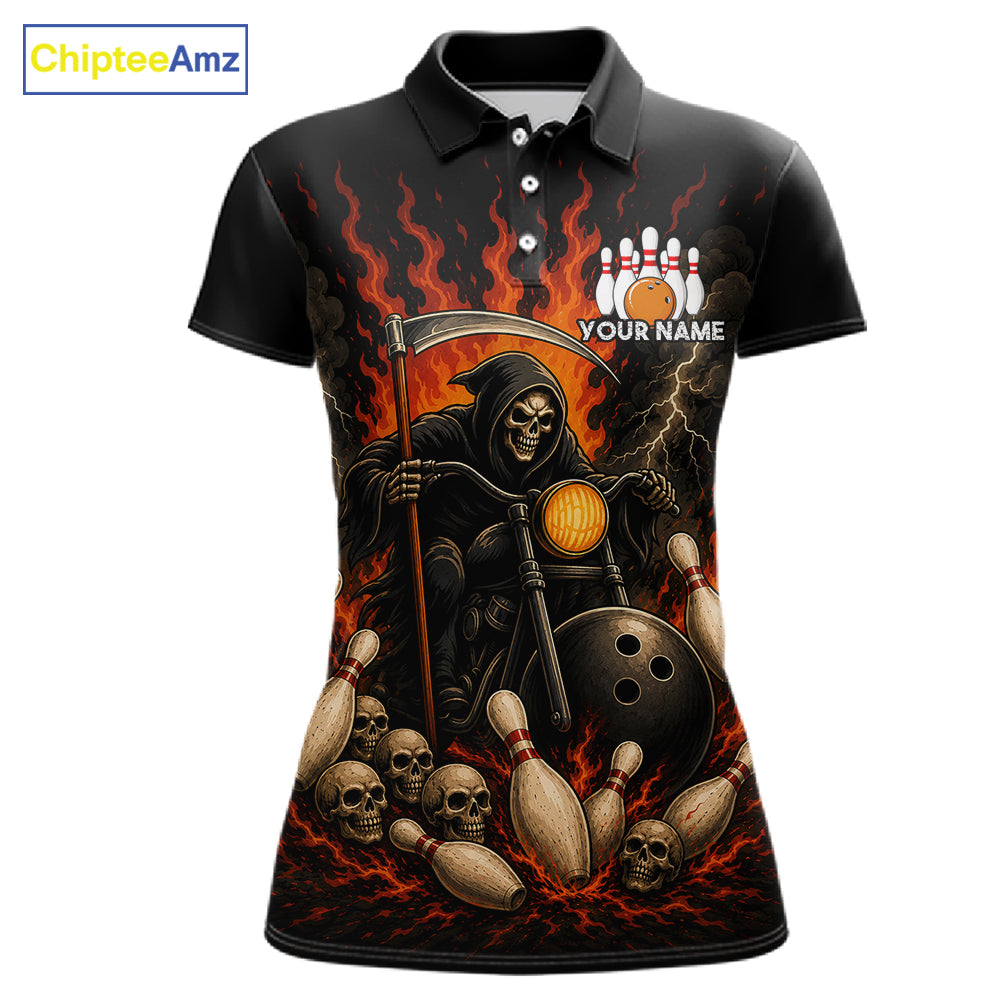 Funny Grim Reaper Motorcycle Bowling Shirts For Women Custom Orange Flame Bowling Team Jersey TDM7214