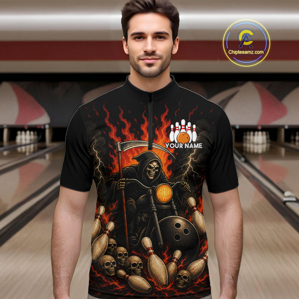 Funny Grim Reaper Motorcycle Bowling Shirts For Men Custom Orange Flame Bowling Team Jersey TDM7214