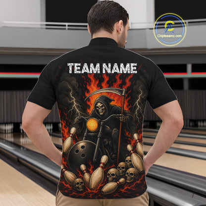 Funny Grim Reaper Motorcycle Bowling Shirts For Men Custom Orange Flame Bowling Team Jersey TDM7214