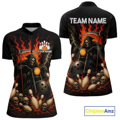 Funny Grim Reaper Motorcycle Bowling Shirts For Women Custom Orange Flame Bowling Team Jersey TDM7214