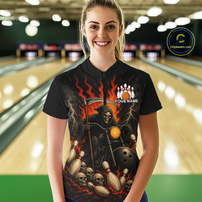 Funny Grim Reaper Motorcycle Bowling Shirts For Women Custom Orange Flame Bowling Team Jersey TDM7214
