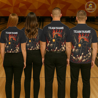 Funny Grim Reaper Motorcycle Bowling Shirts For Men Custom Orange Flame Bowling Team Jersey TDM7214
