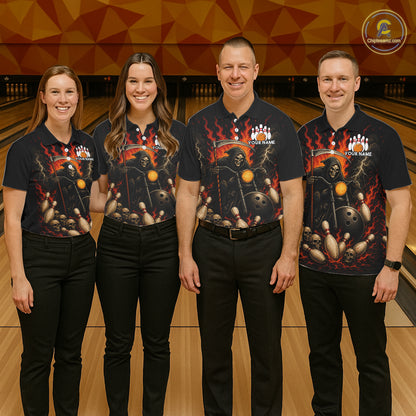 Funny Grim Reaper Motorcycle Bowling Shirts For Men Custom Orange Flame Bowling Team Jersey TDM7214
