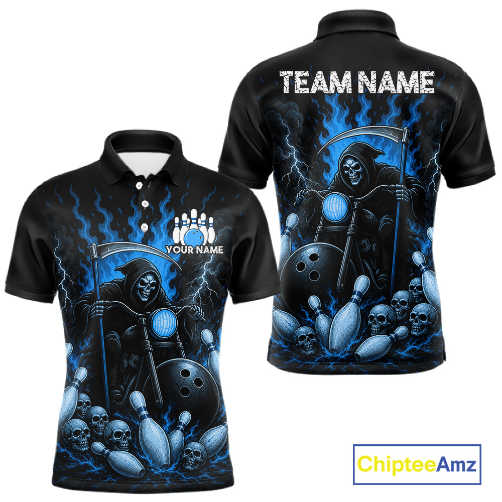 Funny Grim Reaper Motorcycle Bowling Shirts For Men Custom Blue Flaming Bowling Team Jersey TDM7215
