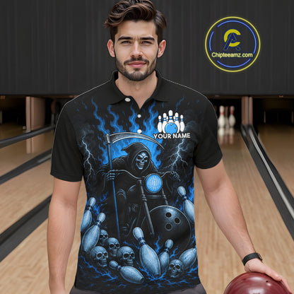 Funny Grim Reaper Motorcycle Bowling Shirts For Men Custom Blue Flaming Bowling Team Jersey TDM7215