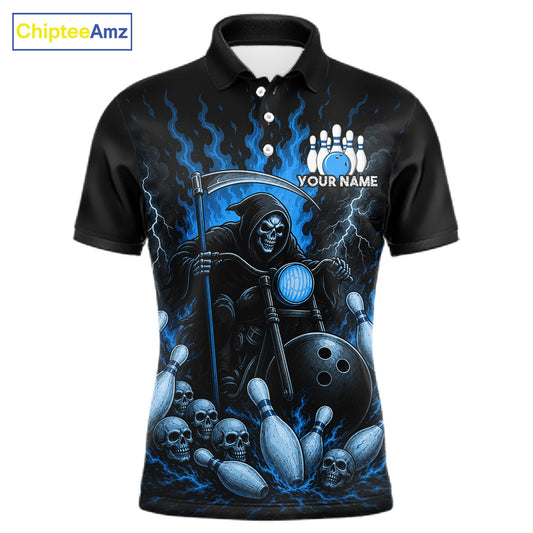 Funny Grim Reaper Motorcycle Bowling Shirts For Men Custom Blue Flaming Bowling Team Jersey TDM7215