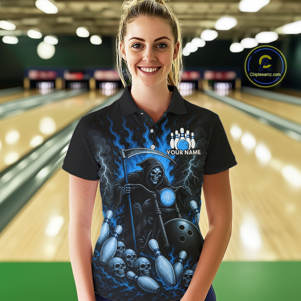 Funny Grim Reaper Motorcycle Bowling Shirts For Women Custom Blue Flaming Bowling Team Jersey TDM7215