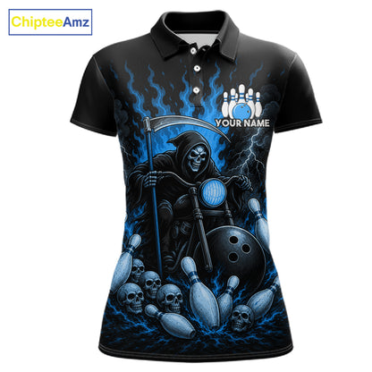 Funny Grim Reaper Motorcycle Bowling Shirts For Women Custom Blue Flaming Bowling Team Jersey TDM7215