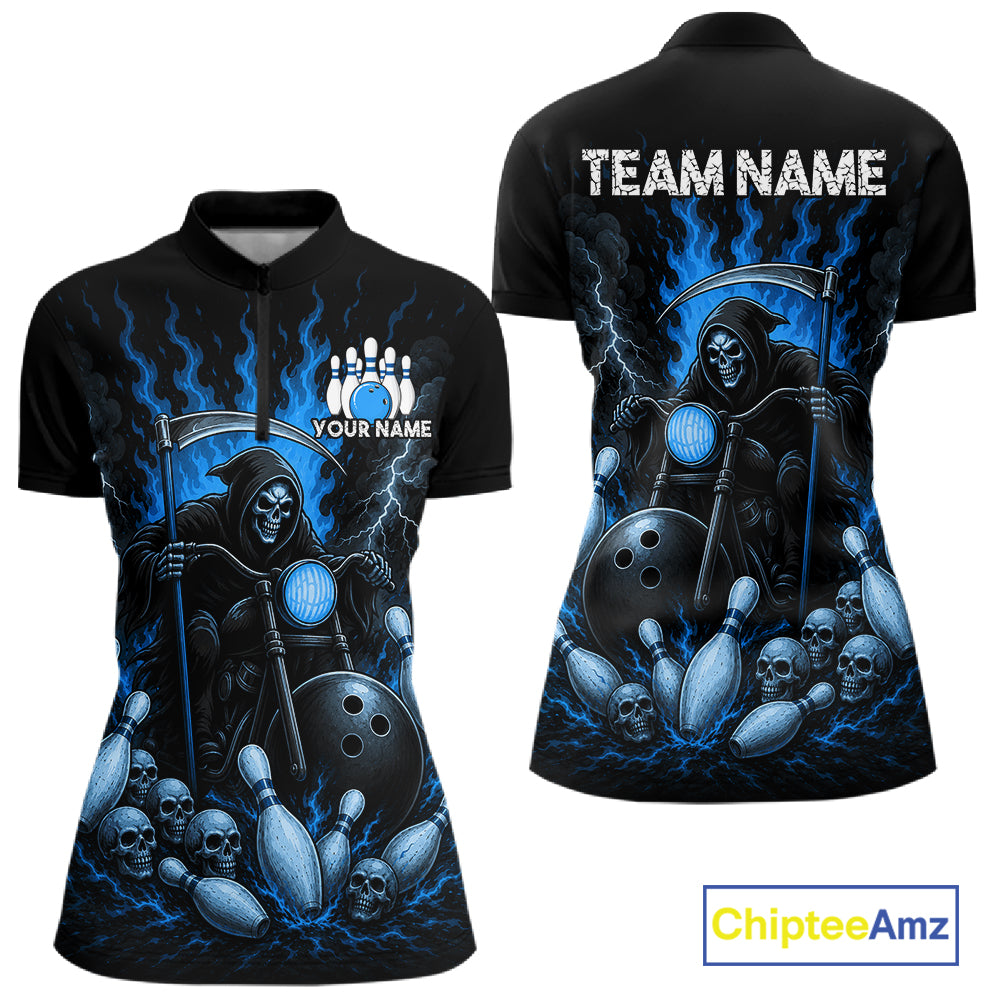 Funny Grim Reaper Motorcycle Bowling Shirts For Women Custom Blue Flaming Bowling Team Jersey TDM7215