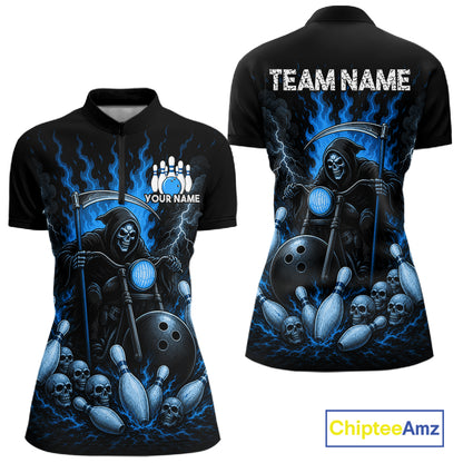 Funny Grim Reaper Motorcycle Bowling Shirts For Women Custom Blue Flaming Bowling Team Jersey TDM7215