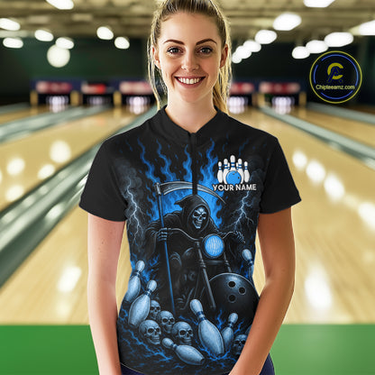 Funny Grim Reaper Motorcycle Bowling Shirts For Women Custom Blue Flaming Bowling Team Jersey TDM7215
