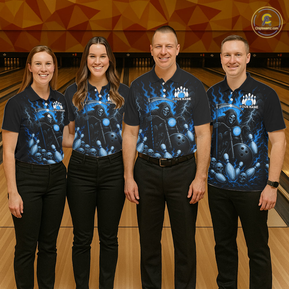 Funny Grim Reaper Motorcycle Bowling Shirts For Men Custom Blue Flaming Bowling Team Jersey TDM7215