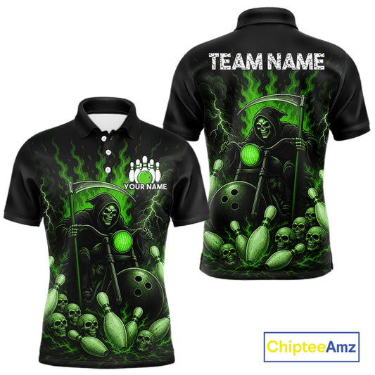 Funny Grim Reaper Motorcycle Bowling Shirts For Men Custom Green Flaming Bowling Team Jersey TDM7216