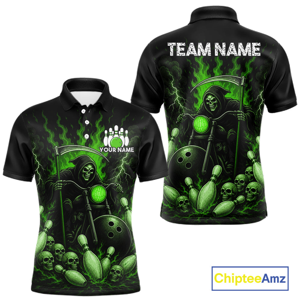 Funny Grim Reaper Motorcycle Bowling Shirts For Men Custom Green Flaming Bowling Team Jersey TDM7216