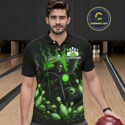 Funny Grim Reaper Motorcycle Bowling Shirts For Men Custom Green Flaming Bowling Team Jersey TDM7216