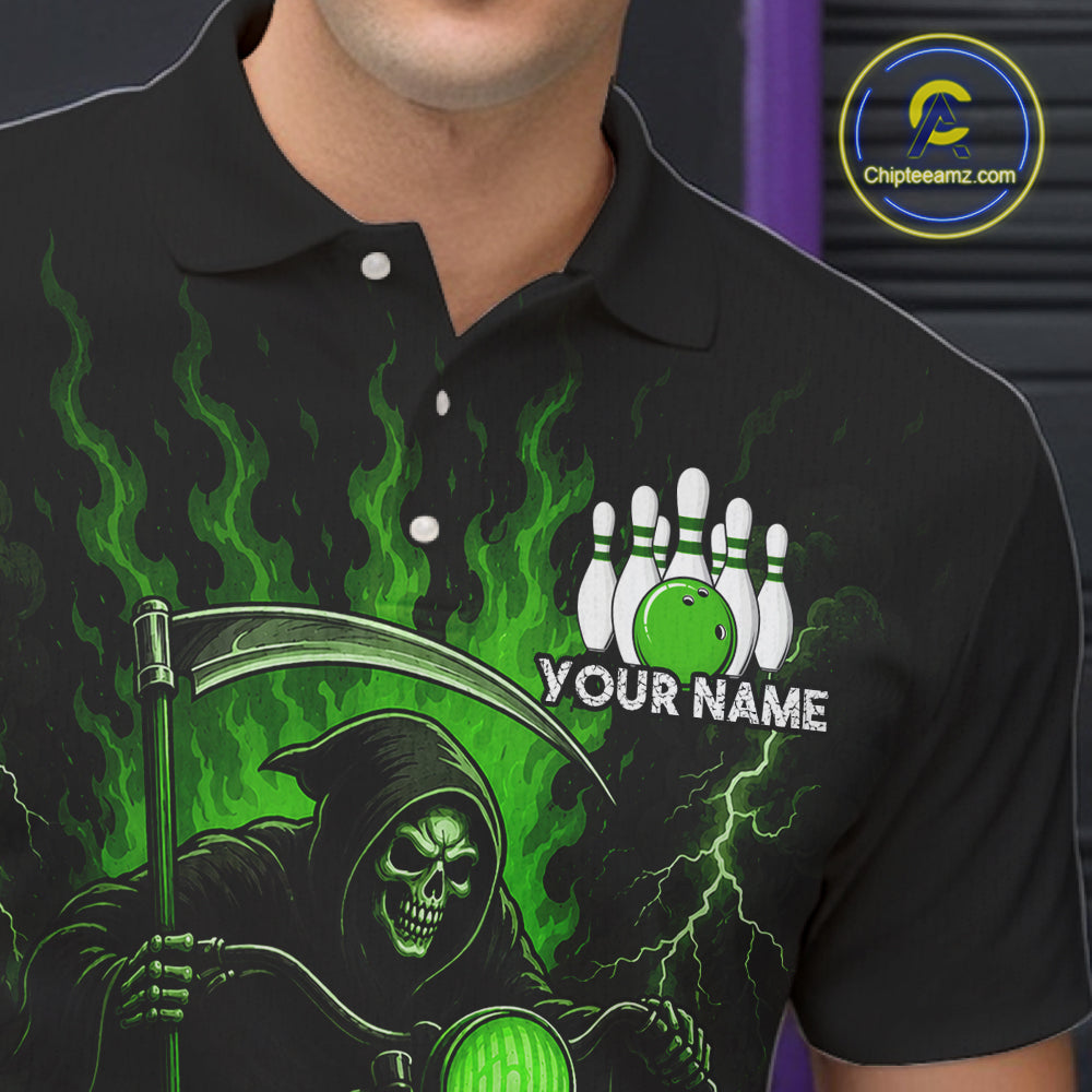 Funny Grim Reaper Motorcycle Bowling Shirts For Men Custom Green Flaming Bowling Team Jersey TDM7216