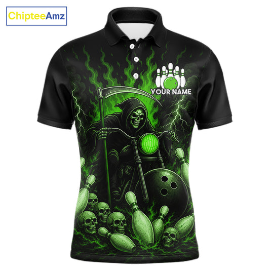 Funny Grim Reaper Motorcycle Bowling Shirts For Men Custom Green Flaming Bowling Team Jersey TDM7216