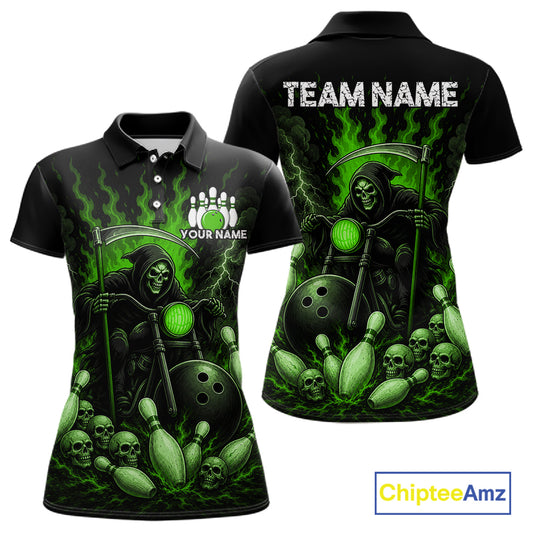 Funny Grim Reaper Motorcycle Bowling Shirts For Women Custom Green Flaming Bowling Team Jersey TDM7216