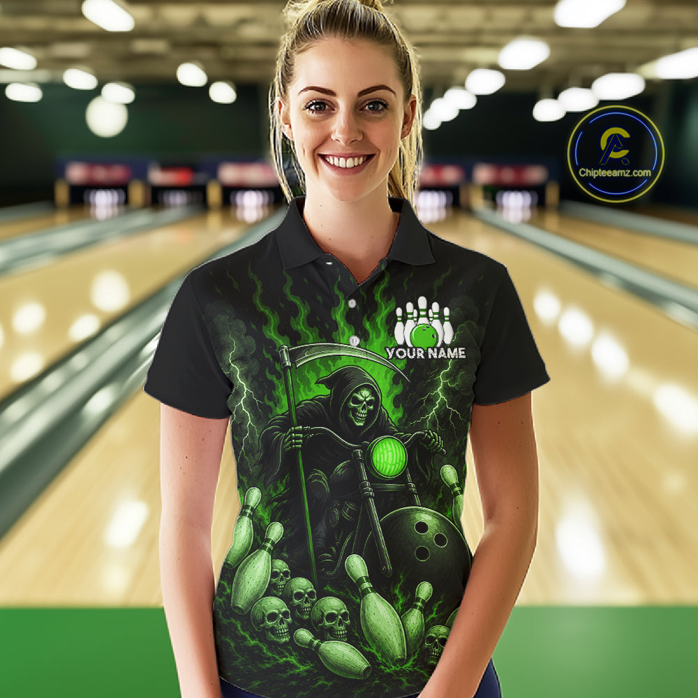 Funny Grim Reaper Motorcycle Bowling Shirts For Women Custom Green Flaming Bowling Team Jersey TDM7216