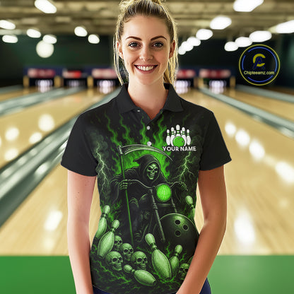 Funny Grim Reaper Motorcycle Bowling Shirts For Women Custom Green Flaming Bowling Team Jersey TDM7216
