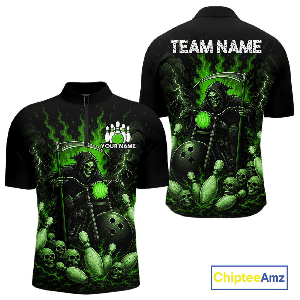Funny Grim Reaper Motorcycle Bowling Shirts For Men Custom Green Flaming Bowling Team Jersey TDM7216
