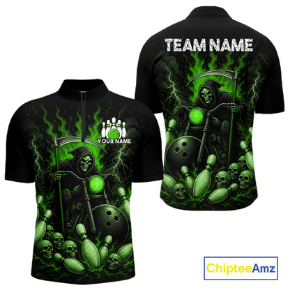 Funny Grim Reaper Motorcycle Bowling Shirts For Men Custom Green Flaming Bowling Team Jersey TDM7216