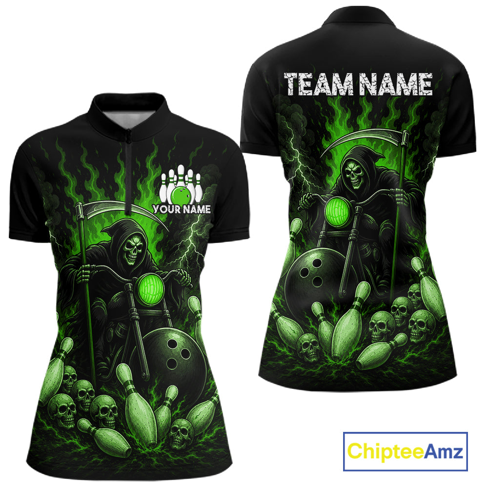 Funny Grim Reaper Motorcycle Bowling Shirts For Women Custom Green Flaming Bowling Team Jersey TDM7216