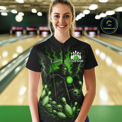 Funny Grim Reaper Motorcycle Bowling Shirts For Women Custom Green Flaming Bowling Team Jersey TDM7216