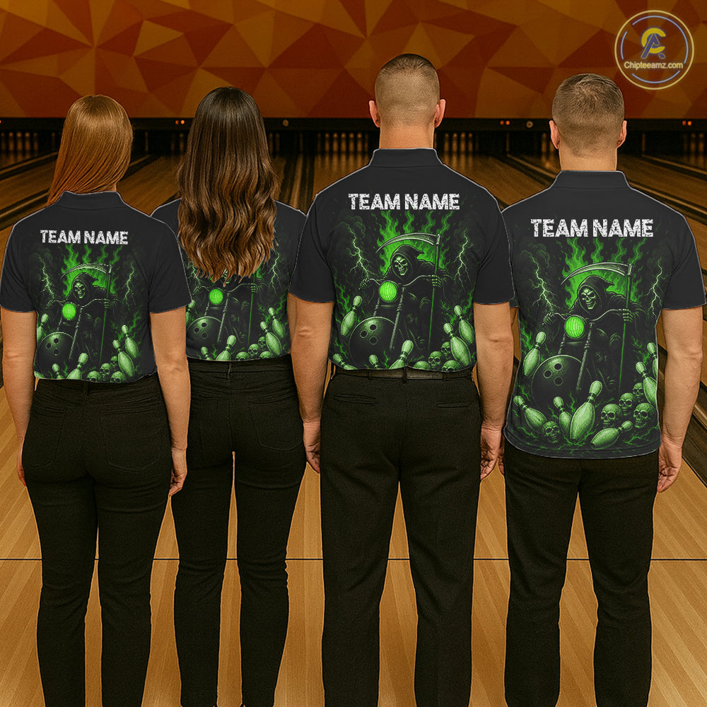 Funny Grim Reaper Motorcycle Bowling Shirts For Women Custom Green Flaming Bowling Team Jersey TDM7216