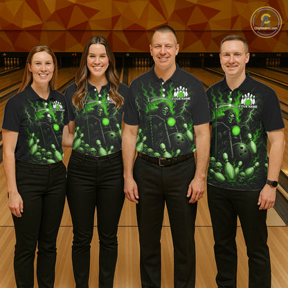 Funny Grim Reaper Motorcycle Bowling Shirts For Women Custom Green Flaming Bowling Team Jersey TDM7216