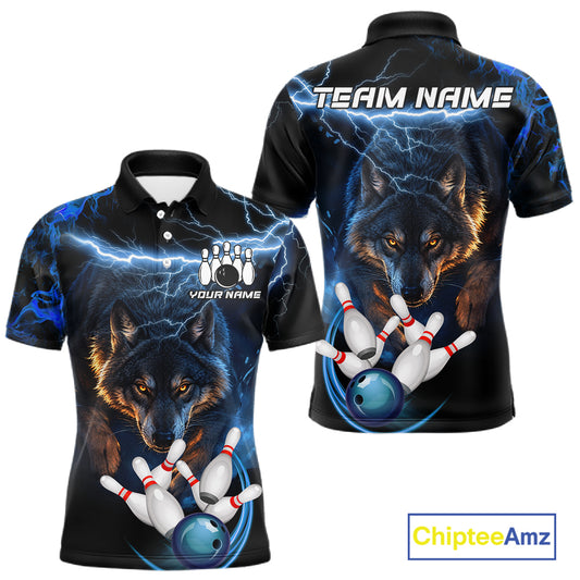 Personalized Blue Lightning Thunder Wolf Bowling Shirts For Men Custom Bowling League Team Jersey TDM7217