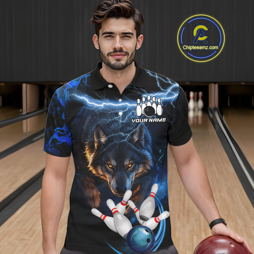 Personalized Blue Lightning Thunder Wolf Bowling Shirts For Men Custom Bowling League Team Jersey TDM7217