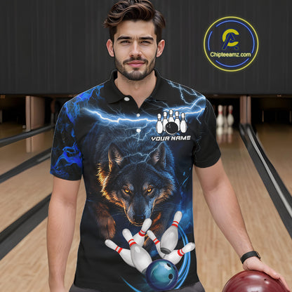 Personalized Blue Lightning Thunder Wolf Bowling Shirts For Men Custom Bowling League Team Jersey TDM7217