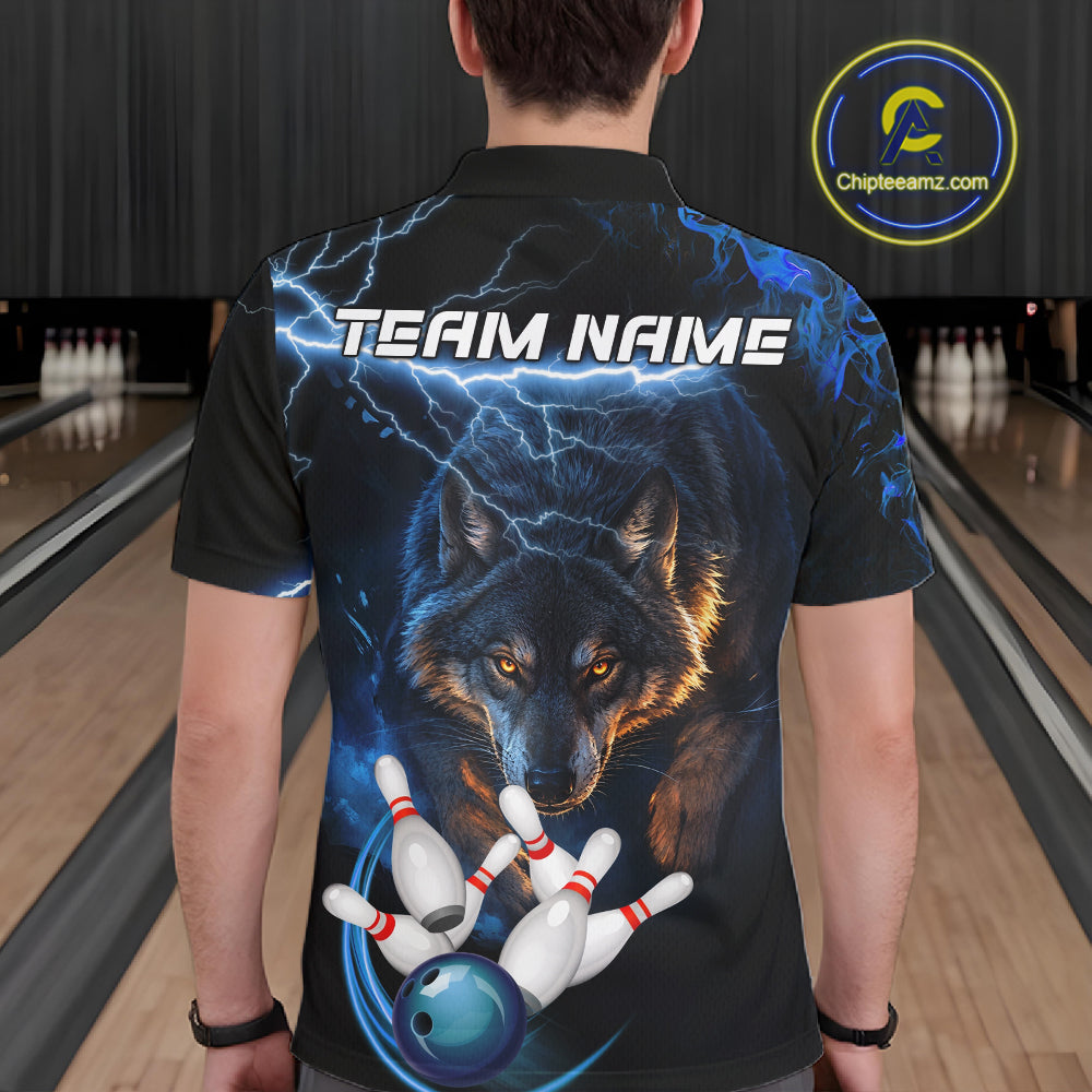 Personalized Blue Lightning Thunder Wolf Bowling Shirts For Men Custom Bowling League Team Jersey TDM7217