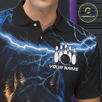 Personalized Blue Lightning Thunder Wolf Bowling Shirts For Men Custom Bowling League Team Jersey TDM7217