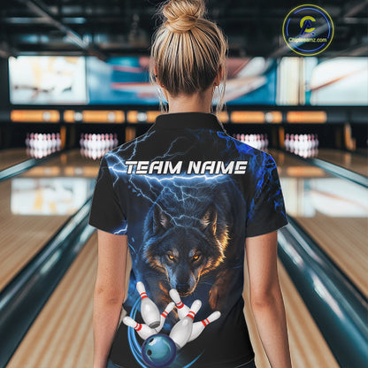 Personalized Blue Lightning Thunder Wolf Bowling Shirts For Women Custom Bowling League Team Jersey TDM7217