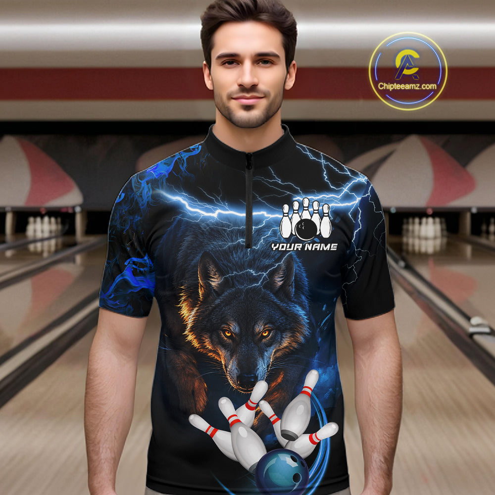 Personalized Blue Lightning Thunder Wolf Bowling Shirts For Men Custom Bowling League Team Jersey TDM7217